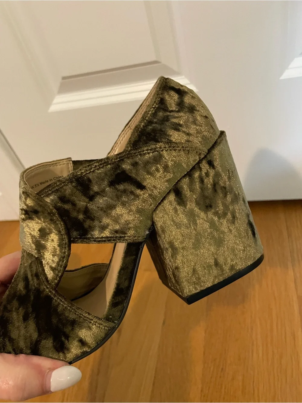 CAbi Olive Green Velvet Peep-Toe Heels